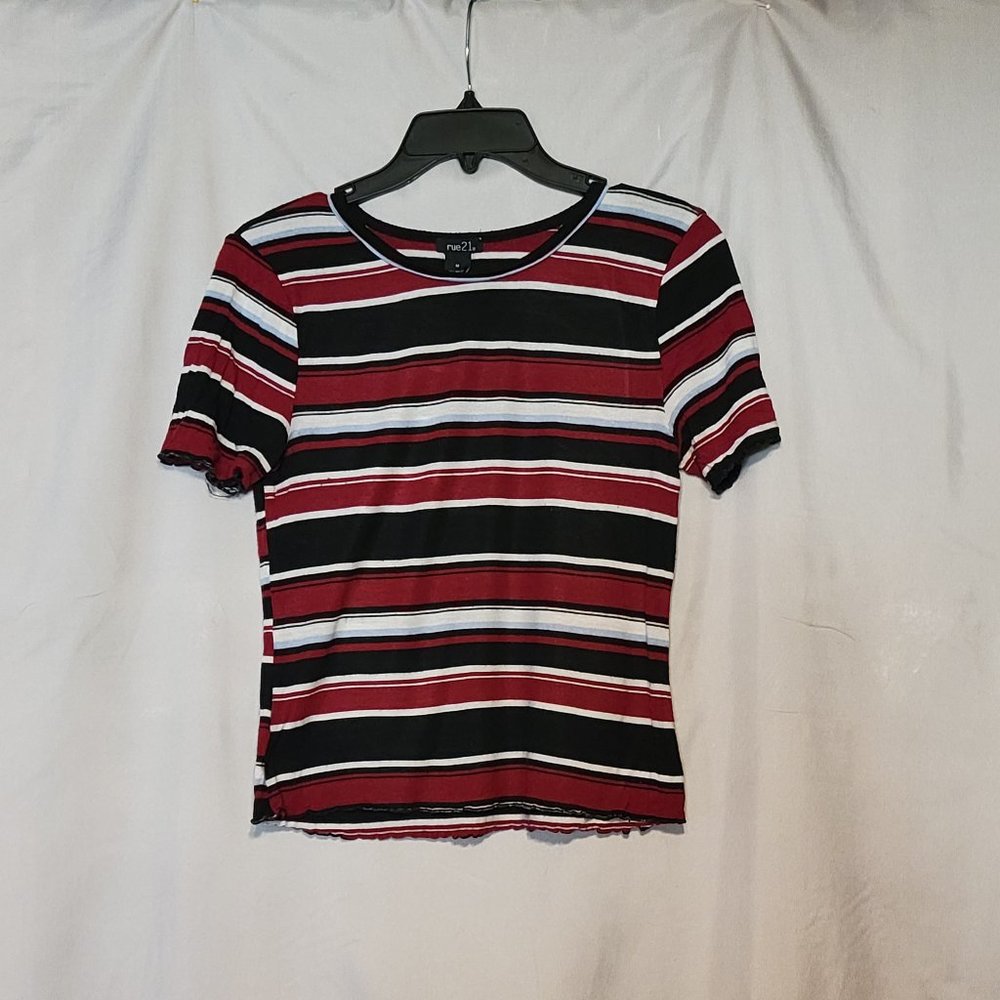 Rue 21 Size M ruffle edged hem short sleeved t-shirt maroon/ black striped
